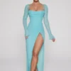 Rochie maxi Champel cu guler cowl și ornamente, în culoarea aqua Rochie maxi Champel cu guler cowl și ornamente, în culoarea aqua
