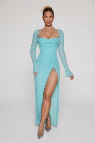 Rochie maxi Champel cu guler cowl și ornamente, în culoarea aqua Rochie maxi Champel cu guler cowl și ornamente, în culoarea aqua