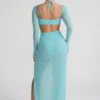 Rochie maxi Champel cu guler cowl și ornamente, în culoarea aqua Rochie maxi Champel cu guler cowl și ornamente, în culoarea aqua