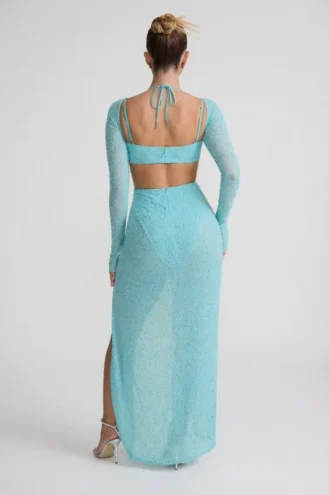 Rochie maxi Champel cu guler cowl și ornamente, în culoarea aqua Rochie maxi Champel cu guler cowl și ornamente, în culoarea aqua
