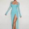 Rochie maxi Champel cu guler cowl și ornamente, în culoarea aqua Rochie maxi Champel cu guler cowl și ornamente, în culoarea aqua