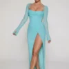 Rochie maxi Champel cu guler cowl și ornamente, în culoarea aqua Rochie maxi Champel cu guler cowl și ornamente, în culoarea aqua