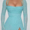 Rochie maxi Champel cu guler cowl și ornamente, în culoarea aqua Rochie maxi Champel cu guler cowl și ornamente, în culoarea aqua
