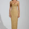 Rochie maxi Constance cu guler cowl și decorațiuni, în culoarea auriu Rochie maxi Constance cu guler cowl și decorațiuni, în culoarea auriu