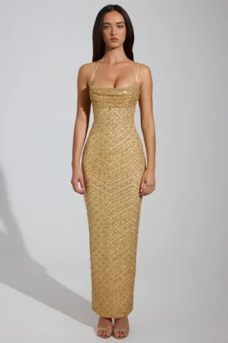Rochie maxi Constance cu guler cowl și decorațiuni, în culoarea auriu Rochie maxi Constance cu guler cowl și decorațiuni, în culoarea auriu