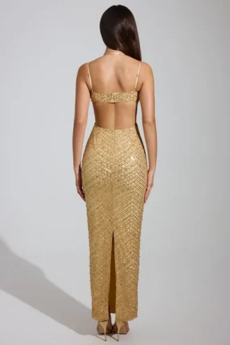 Rochie maxi Constance cu guler cowl și decorațiuni, în culoarea auriu Rochie maxi Constance cu guler cowl și decorațiuni, în culoarea auriu