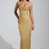 Rochie maxi Constance cu guler cowl și decorațiuni, în culoarea auriu Rochie maxi Constance cu guler cowl și decorațiuni, în culoarea auriu
