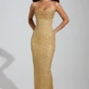 Rochie maxi Constance cu guler cowl și decorațiuni, în culoarea auriu Rochie maxi Constance cu guler cowl și decorațiuni, în culoarea auriu