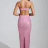 Rochie maxi Constance cu guler înalt și ornamente, în roz Rochie maxi Constance cu guler înalt și ornamente, în roz