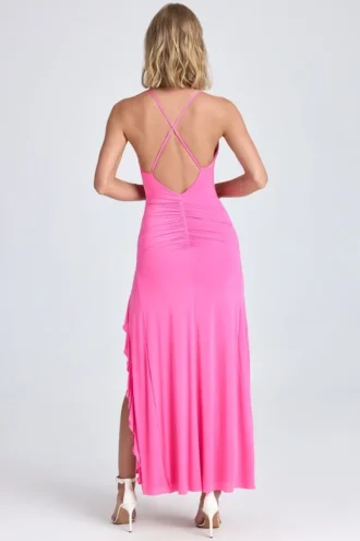 Rochie maxi Coraline cu volane și drapaje, în roz Lollipop Rochie maxi Coraline cu volane și drapaje, în roz Lollipop