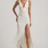 Rochie maxi corset cu decolteu adânc și volane, cu ornamente, model Nathalia, culoare ivoriu Rochie maxi corset cu decolteu adânc și volane, cu ornamente, model Nathalia, culoare ivoriu