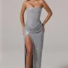 Rochie maxi cu bandă la talie și decolteu bandeau, cu ornamente, La Rochette, argintie