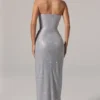 Rochie maxi cu bandă la talie și decolteu bandeau, cu ornamente, La Rochette, argintie