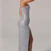 Rochie maxi cu bandă la talie și decolteu bandeau, cu ornamente, La Rochette, argintie