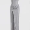 Rochie maxi cu bandă la talie și decolteu bandeau, cu ornamente, La Rochette, argintie