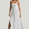 Rochie maxi cu bretele și drapaje Olyssia, albă Rochie maxi cu bretele și drapaje Olyssia, albă