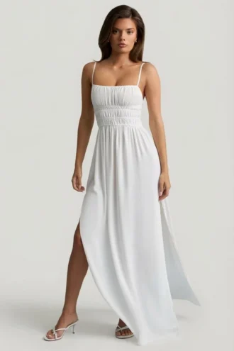 Rochie maxi cu bretele și drapaje Olyssia, albă Rochie maxi cu bretele și drapaje Olyssia, albă