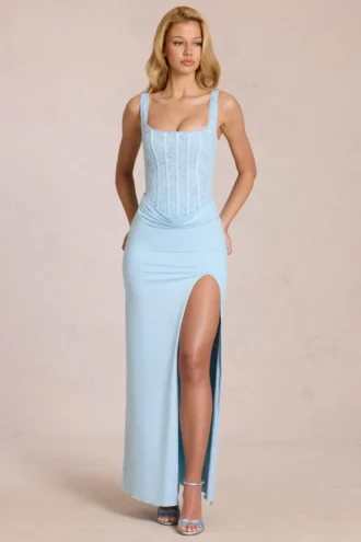 Rochie maxi cu corset din dantelă Zalia, albastru pudră Rochie maxi cu corset din dantelă Zalia, albastru pudră