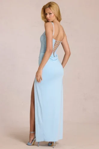 Rochie maxi cu corset din dantelă Zalia, albastru pudră Rochie maxi cu corset din dantelă Zalia, albastru pudră