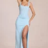 Rochie maxi cu corset din dantelă Zalia, albastru pudră
