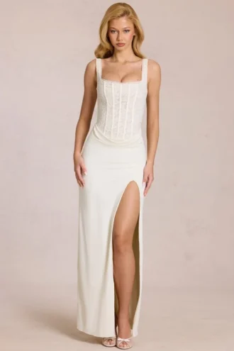 Rochie maxi cu corset din dantelă Zalia, de culoare ivoriu Rochie maxi cu corset din dantelă Zalia, de culoare ivoriu