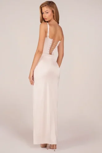 Rochie maxi cu corset și decupaj până la coapsă, model Marleigh, culoare ivoriu Rochie maxi cu corset și decupaj până la coapsă, model Marleigh, culoare ivoriu