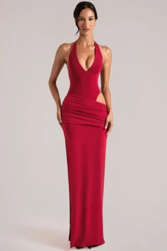 Rochie maxi cu decolteu adânc și gât halter Oona, în roșu cireș Rochie maxi cu decolteu adânc și gât halter Oona, în roșu cireș