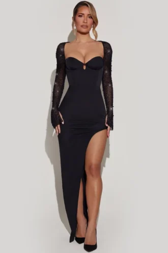 Rochie maxi cu decupaj lateral și ornamente San Marino, negru Rochie maxi cu decupaj lateral și ornamente San Marino, negru