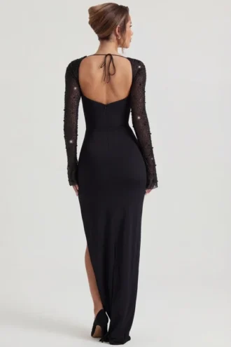 Rochie maxi cu decupaj lateral și ornamente San Marino, negru Rochie maxi cu decupaj lateral și ornamente San Marino, negru
