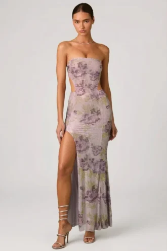 Rochie maxi cu decupaje și coadă de pește, cu ornamente, model Lucienne, în culoarea liliac Rochie maxi cu decupaje și coadă de pește, cu ornamente, model Lucienne, în culoarea liliac