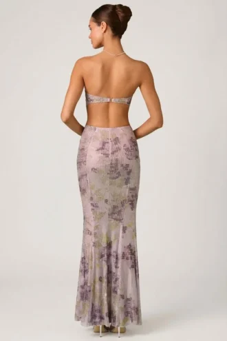 Rochie maxi cu decupaje și coadă de pește, cu ornamente, model Lucienne, în culoarea liliac Rochie maxi cu decupaje și coadă de pește, cu ornamente, model Lucienne, în culoarea liliac