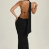 Rochie maxi cu decupaje și detalii eșarfă, cu gât halter, model Anneka, în negru Rochie maxi cu decupaje și detalii eșarfă, cu gât halter, model Anneka, în negru