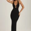 Rochie maxi cu decupaje și detalii eșarfă, cu gât halter, model Anneka, în negru Rochie maxi cu decupaje și detalii eșarfă, cu gât halter, model Anneka, în negru