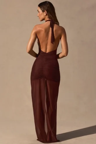 Rochie maxi cu decupaje și gât halter Caicos, culoare maro espresso Rochie maxi cu decupaje și gât halter Caicos, culoare maro espresso
