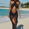 Rochie maxi cu decupaje și gât halter Caicos, negru