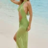 Rochie maxi cu decupaje și gât halter Caicos, verde măslin Rochie maxi cu decupaje și gât halter Caicos, verde măslin