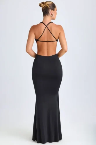 Rochie maxi cu decupaje și gât halter Omarosa, detalii metalice, negru Rochie maxi cu decupaje și gât halter Omarosa, detalii metalice, negru
