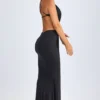 Rochie maxi cu decupaje și gât halter Omarosa, detalii metalice, negru Rochie maxi cu decupaje și gât halter Omarosa, detalii metalice, negru