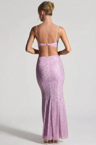 Rochie maxi cu decupaje și ornamente Lucienne, în nuanța roz bujor