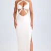 Rochie maxi cu decupaje și volane, cu gât halter, model Kalyani, în culoarea alb Rochie maxi cu decupaje și volane, cu gât halter, model Kalyani, în culoarea alb
