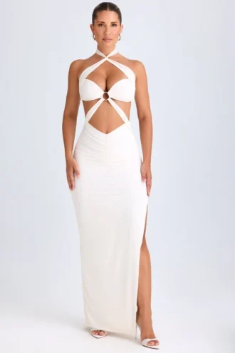 Rochie maxi cu decupaje și volane, cu gât halter, model Kalyani, în culoarea alb