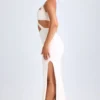 Rochie maxi cu decupaje și volane, cu gât halter, model Kalyani, în culoarea alb Rochie maxi cu decupaje și volane, cu gât halter, model Kalyani, în culoarea alb