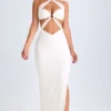 Rochie maxi cu decupaje și volane, cu gât halter, model Kalyani, în culoarea alb Rochie maxi cu decupaje și volane, cu gât halter, model Kalyani, în culoarea alb