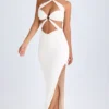 Rochie maxi cu decupaje și volane, cu gât halter, model Kalyani, în culoarea alb Rochie maxi cu decupaje și volane, cu gât halter, model Kalyani, în culoarea alb