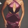 Rochie Maxi cu gât halter din catifea Adriana, culoare vin Rochie Maxi cu gât halter din catifea Adriana, culoare vin