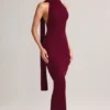 Rochie maxi cu gât halter și detalii de eșarfă din tricot cu nervuri Dree, culoare vin Rochie maxi cu gât halter și detalii de eșarfă din tricot cu nervuri Dree, culoare vin