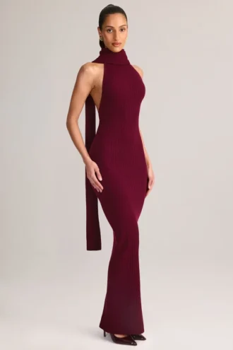 Rochie maxi cu gât halter și detalii de eșarfă din tricot cu nervuri Dree, culoare vin