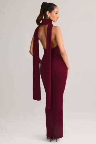 Rochie maxi cu gât halter și detalii de eșarfă din tricot cu nervuri Dree, culoare vin