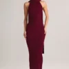 Rochie maxi cu gât halter și detalii de eșarfă din tricot cu nervuri Dree, culoare vin Rochie maxi cu gât halter și detalii de eșarfă din tricot cu nervuri Dree, culoare vin