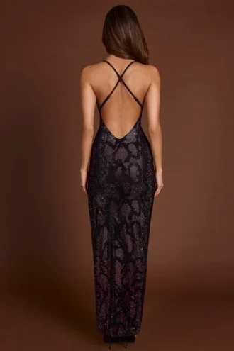 Rochie maxi cu gât halter și ornamente Luserna, model șarpe violet
